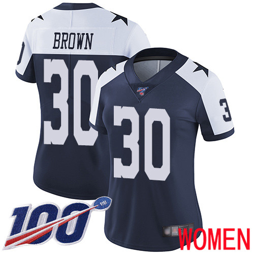 Women Dallas Cowboys Limited Navy Blue Anthony Brown Alternate #30 100th Season Vapor Untouchable Throwback NFL Jersey